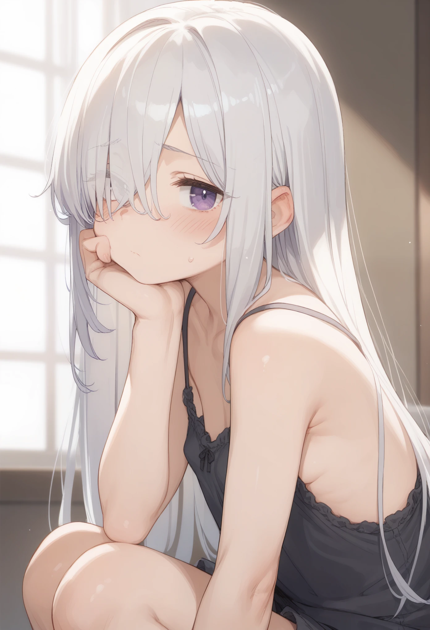 ((Best Quality)), ((masterpiece)), ( Details), 1girl, Alone, cute, small breasts, white hair, tired hair, very long hair, blush, shy, look for viewer, bangs between eyes, sagging breasts, from side, slouching, look for viewer, hair over one eye, scrawny, camisole, purple eyes