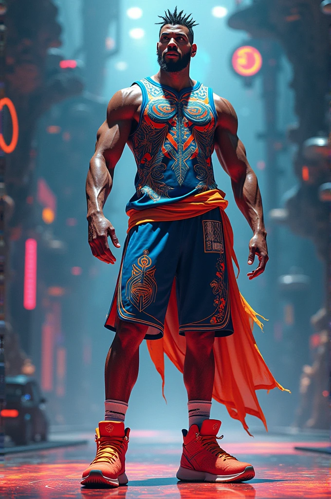 (
(Character: 1 man, 20 years old, afro-american:1.4, short hair, dreadlocks, strong muscular man)
(Hakama:1.3, pectorals)
(Pose: full body:1.3, combat stance, holding a bo:1.2)
(Background: dense cyberpunk street, dive bar, neon holograms in background, dark, ominous, foggy, night, futuristic city, cyberpunk, orange color scheme)
(Style: 150mm, beautiful studio soft light, rim light, bright details, luxury cyberpunk, hyperrealistic, anatomical, facial muscles, octane render, H. R. Giger style, 8k, best quality, masterpiece, illustration, extremely detailed, CG, unity, absurdres, incredibly absurdres, photo-realistic:1.37, amazing, fine detail, masterpiece, best quality, official art, vibrant colors)
)