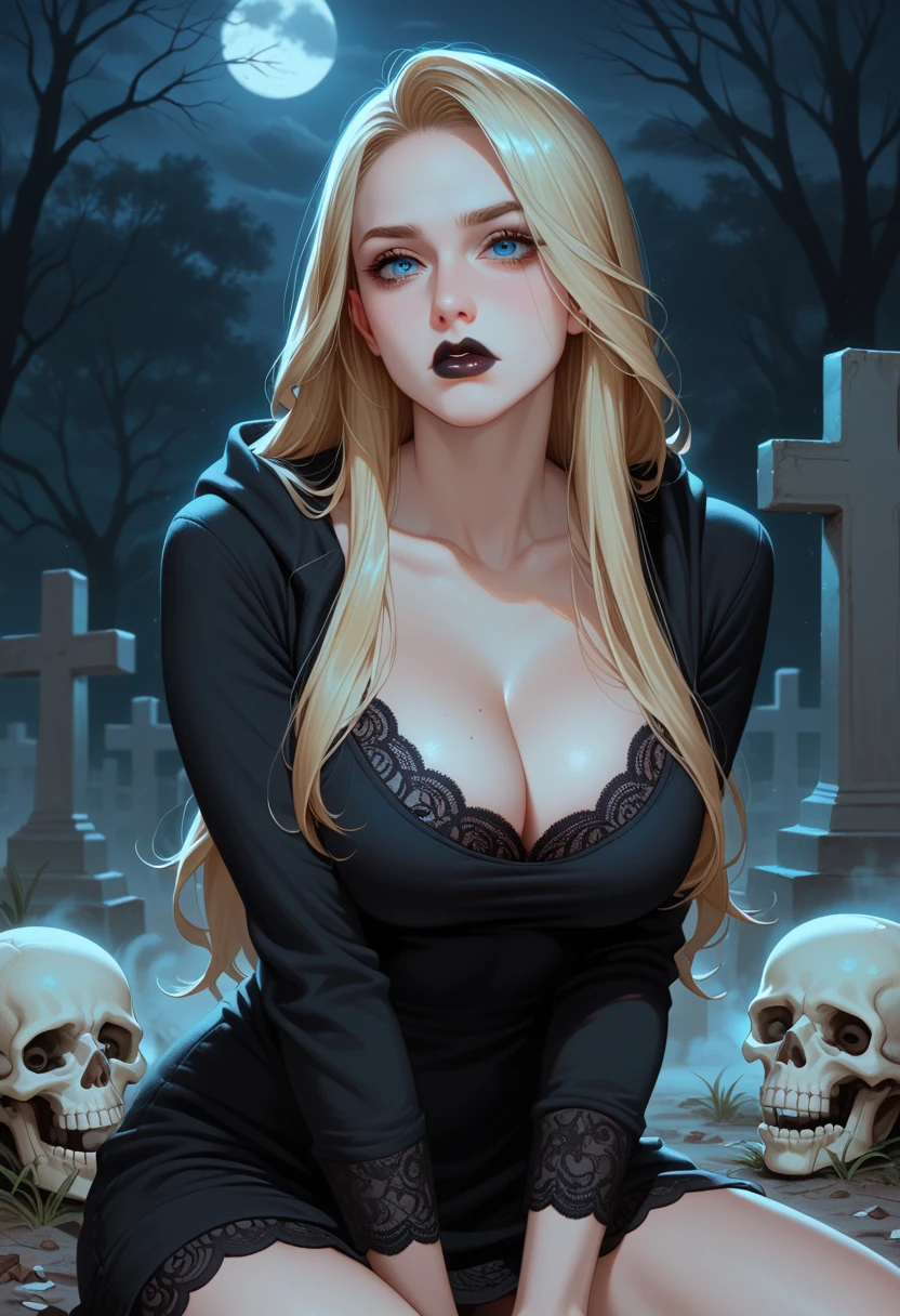 a black and white comic book image of a blonde woman vampire rising from her grave in a cemetery