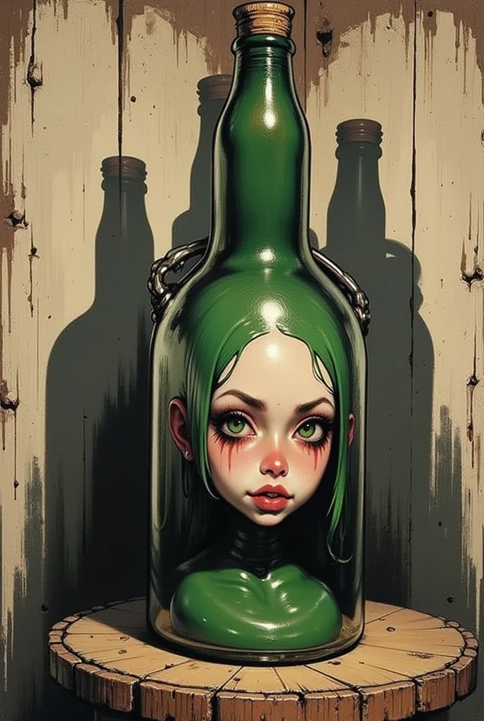 Shelf with large bottles ,  Head in a bottle , horror tone( Art inspired by Bill Sienkiewicz, oil)
