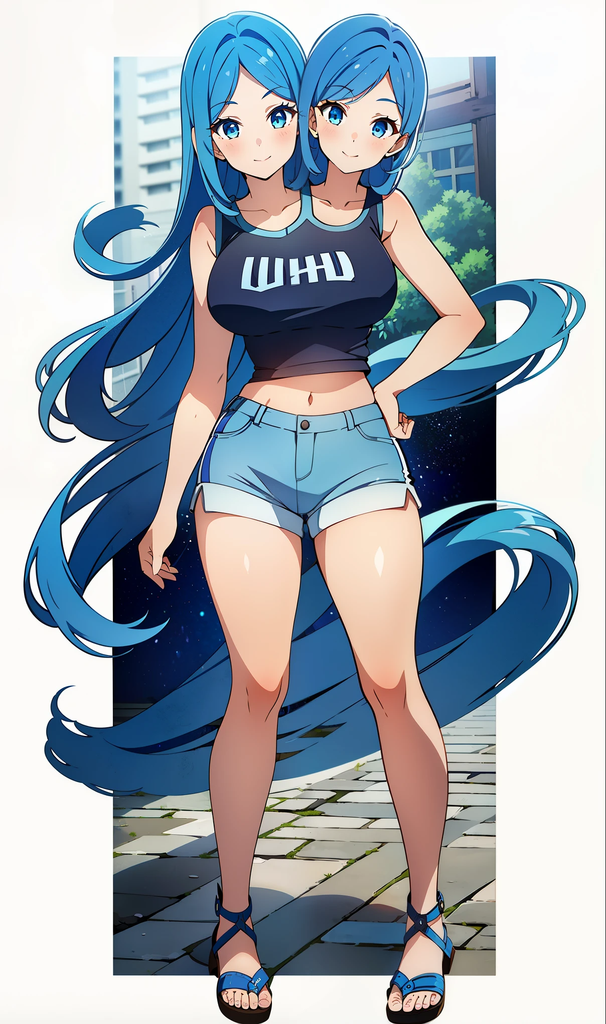 (masterpiece),(ultra-detailed), (high quality), (high resolution), (best quality:1.5, highres, UHD), highres, absurdo, ultra detail, ultra quality, ((2heads:1.5)), 1girl, Ultra resolution, 16k, best quality, 1girl, ((blue hair)), long hair, ((light blue eyes)), ((blue sleeveless t shirt)), ((5 foot girl)), teenage girl, midriff, ((white shorts)), gentle smile, blushing, ((detailed eyes)), tall woman, ((full body)), sandals, ((single piece outfit))