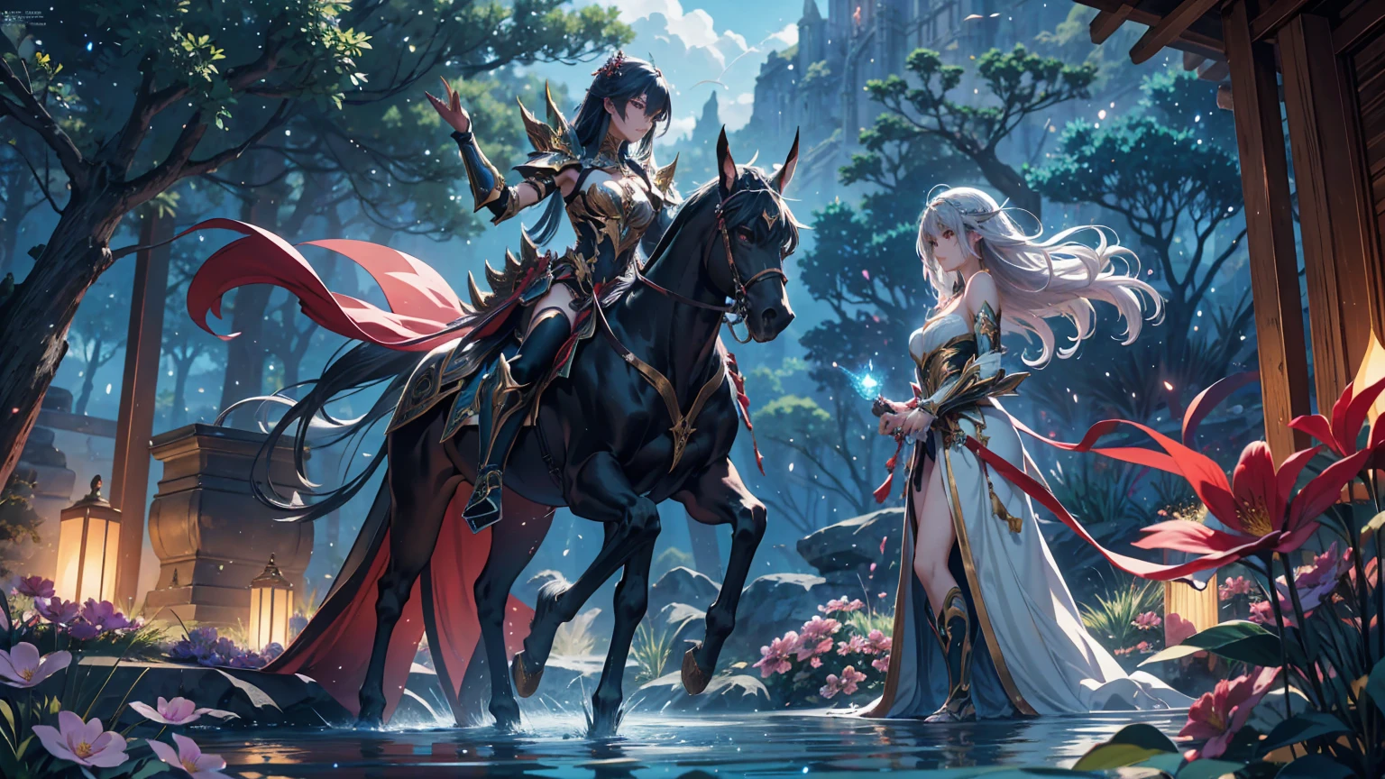 Enchanting 8K Fantasy Anime Scene: A paradisiacal landscape: a surreal grove with towering trees, vibrant flowers, and sparkling streams beneath a dramatic sky—a magical, ethereal atmosphere blending dark fantasy with natural serenity. A vivid paradise contrasting with the strong yet graceful figure of a lone female warrior, inviting an otherworldly ambiance. The warrior: a full-body view facing the viewer, elegance and strength in light armor. Long, flowing silver hair framing her face, golden eyes captivating with a gentle allure, porcelain-smooth pale skin softly glowing, an enchanting smile exuding warmth. Ultra-high 4K and 8K resolution: extreme detail capturing intricate foliage, fine armor textures, and radiant colors. A vibrant, photorealistic CG unity quality with a Genshin Impact-inspired style, dynamic composition using the rule of thirds, centered focus celebrating strength and the serene beauty of nature in a harmonious masterpiece. A perfect fantasy anime wallpaper enhanced by a beautiful sunny day in a coniferous forest, an enchanting atmosphere further enriched by soft anime tones and luminism, adding depth to the illustration. A three-dimensional sensation, showcasing the stunning warrior alone in a vast, open world filled with mountains, rivers, and ancient ruins, all captured with extreme detail and vibrant colors.