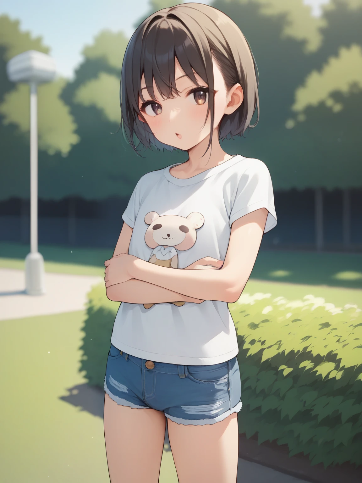  score_9,    score_8_up,    score_7_up,    score_6_up,    score_5_up,    score_4_upソース_Anime BREAK，nsfw， young girl， short stature ， toddler figure ， flat chest，girl in long sleeve t-shirt and denim short shorts， Girl Temptation，