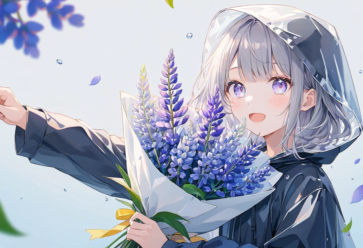 ((pastel))、1 woman, upper body, side angle pointing backwards,Woman holding a bouquet of flowers ,Lupine flowers,Look this way,((Careful depiction)), gradation eyes ,Teary-eyed, open your mouth ,Grey Hair, black hoodie,Raincoat,white,濡れたRaincoat,  navy blue background ,Leaves scatter , Moderate Blur ,Light, strong vignette soft pattern masterpiece,Best Quality,Exquisite,8k, absurd, super detailed illustrations on white paper ,( Viewers )