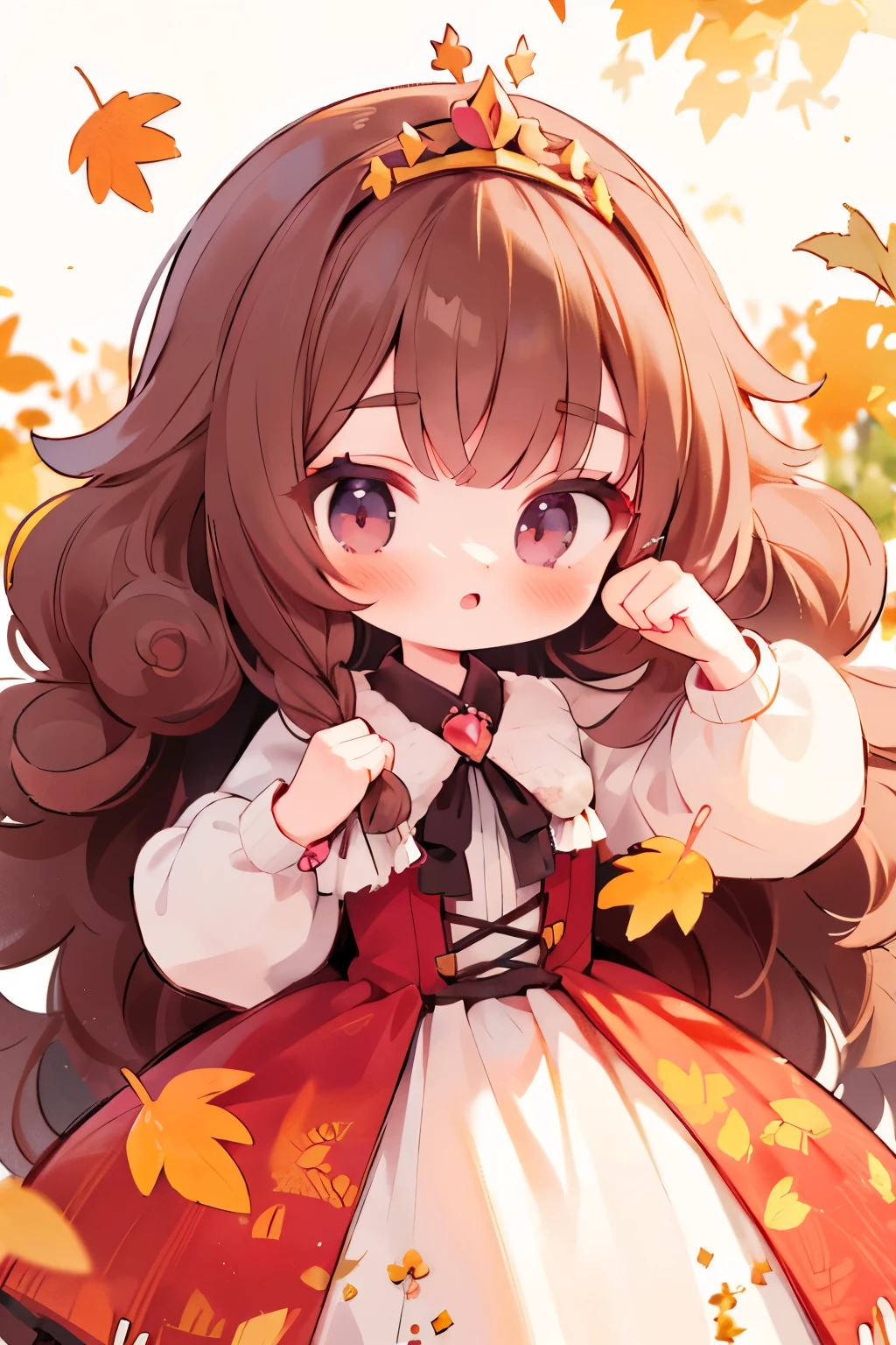 there is nothing, Best Quality,  very young  ,  cute girl ,  brunette , Curly haired evil girl,  dress， tiara ， beautiful autumn leaves ， with a playful gesture ，