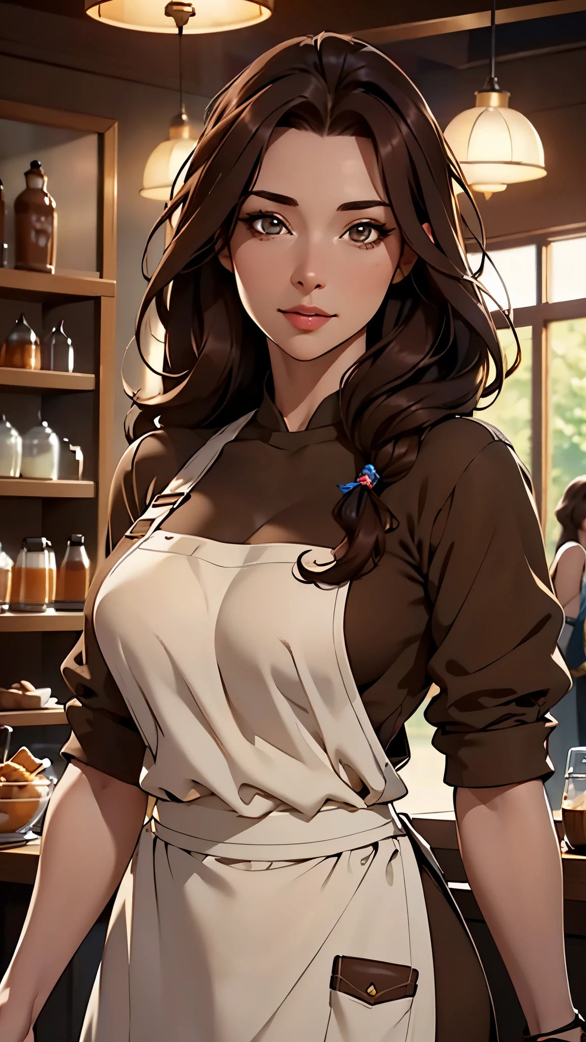 masterpiece,highest quality,Stylish western style cafe,female cafe clerk,(cafe clerk:1.3),(fine clothes),(carry a coffee pot),laughter,Bright atmosphere in the store, highest quality,8K,super high resolution,(Photoreal:1.3),RAW photo、(1 female), ((brown hair, casually hair:1.6)), glowing skin, cafe clerk, stylish, cute apron,((Ultra realistic details)),portrait,global illumination,octane rendering, 8K,super sharp,very intricate details,realistic light,Trends in CG society,beautiful eyes,shining eyes,towards the camera