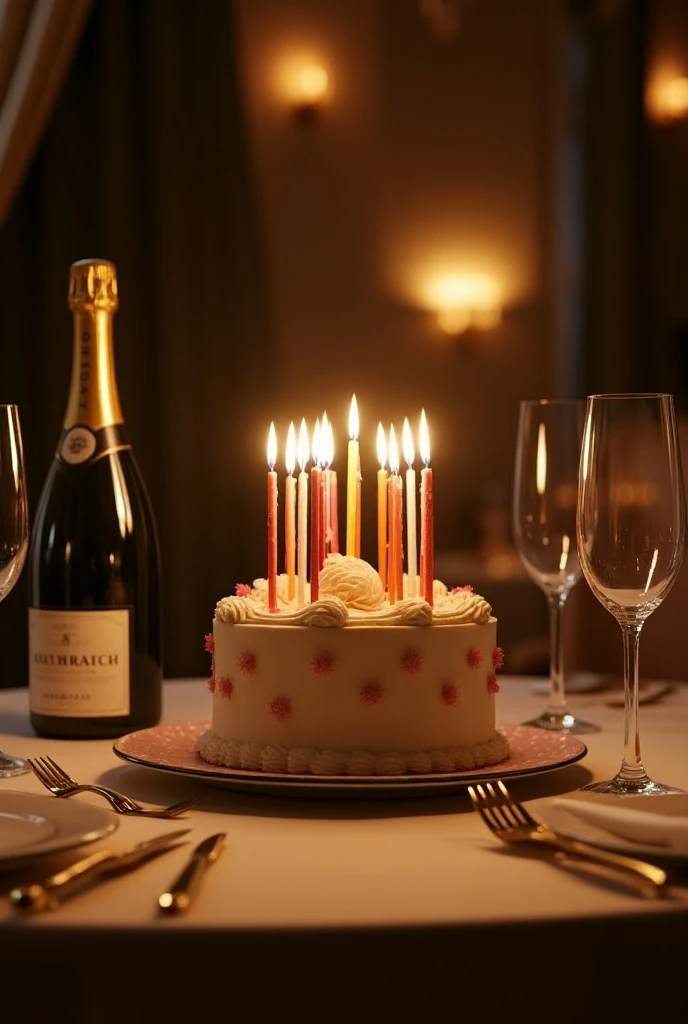 A painting of a round white cake seen from above and decorated with twenty-one candles, on a table with a white silk tablecloth and fancy plates and cutlery.