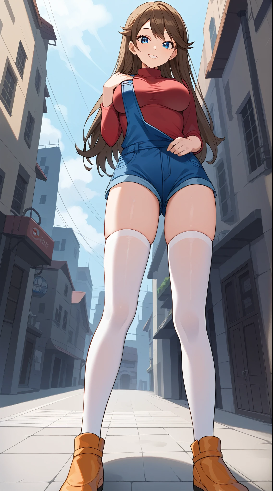 bare hands, no gloves ,  score_9,  score_8_Excellent,  score_7_Excellent,  score_6_Excellent, Best Quality, sauce_Anime,  cell shading ,  flat color, vector,  detailed background, town, building,  break 1 girl, Alone, (\ Pokémon\), Brown Hair, Long Hair,  blue eyes,  white knee-high stockings, Ample breasts,  viewers, 1 Female, Age 18,  is standing, whole body,  Slim Body , smile, Outdoor,  Seductive Smiles, 色っぽいsmile,  blue overalls , red long sleeve shirt ,　Orange shoes,  one hand on your lower back from deep below, Absolute territory,  tall,  seductive pose , bare hands, no gloves ,