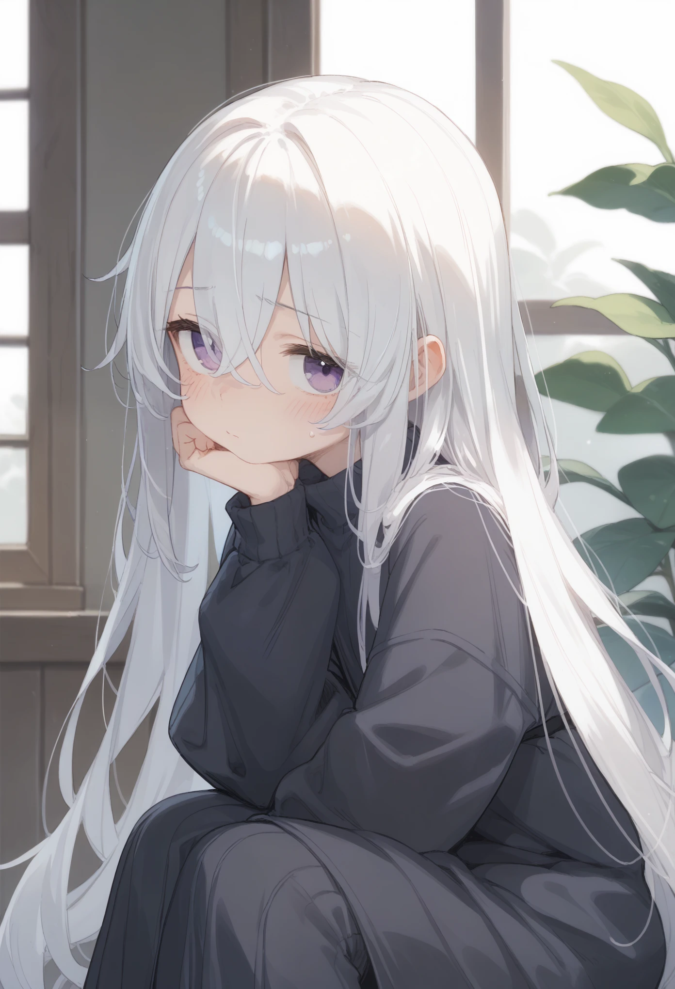 ((Best Quality)), ((masterpiece)), ( Details), 1girl, Alone, cute, white hair, tired hair, very long hair, blush, shy, look for viewer, bangs between eyes, from side, slouching, look for viewer, hair over one eye, scrawny, purple eyes, Baggy clothes