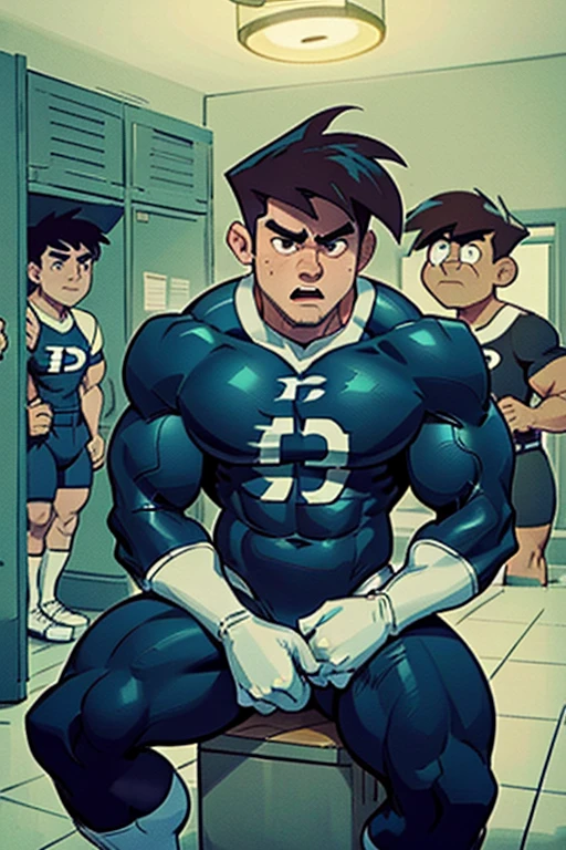 (Masterpiece) (Hyper muscular) (3 boys) Danny Phantom, ghost, hypnosis, jock, conversion, locker room hallway, hyper muscles, jockstrap, bro, meathead, hypnotized, brainwashed, brainwashing, big dumb jock, football. Glowing eyes. Hyper crotch bulge. Massive bulging crotch. Big balls. Big biceps. Big triceps. Big traps. Broad shoulders. Big meaty pecs. Big thighs. Thick glutes. Hyper muscles. Football team assimilation. Clothes turning into a football uniform. Danny Fenton in a locker room being hypnotized by Dash Baxter. Danny Fenton turning into Dash Baxter's football jock lackey. Danny Fenton crumpling a failed test paper with a red letter F at its top with one hand. Dash whispering in Danny Fenton's ear. Danny Fenton obeying Dash Baxter as Dash Baxter says, "That's right, Fenton. You'll like being on my team. Nothing but a dumb jock bro. With your head full of meat...." Dumber. IQ drain. Danny responds as his gaze loses focus and his eyes roll, "Dash, ... what did you do to me? What are we doing in a locker room? Why can't I stop flexing? Why am I wearing a football uniform? Why does my jockstrap look like I have a bowling ball between my legs?! Why am I even wearing this stupid jock? Stupid ... jock.... I ... I look like a ... like a ... big ... stupid ... jock.  Be a dumb jock. Join ... the football team. Huhuhuhuh.... I'm a big fucking dumb jock, bro.... Head full of meat.... Think ... with my meat.... Big ... jock meat...." Open mouth. Blank stare. digital painting. Very detailed. Vapid. Five o'clock shadow. Stubble facial hair. heavy crotch bulge. Blocky jaw. Treasure trail. Wearing football helmet. Wearing football shoulder pads. Wearing football cleats. Wearing football pants. Well endowed. Crass.