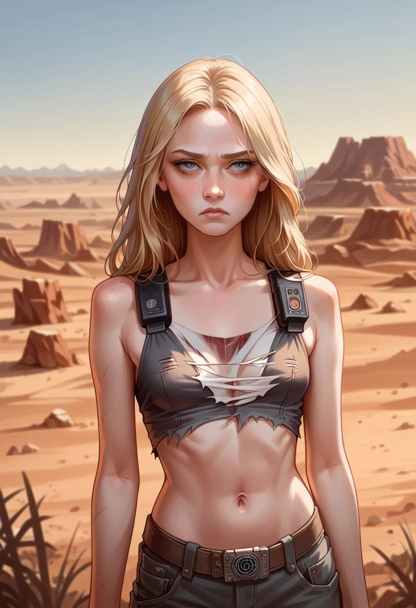 Masterpiece, Transitioning to a desert landscape at sunset, a lone figure, a beautiful  American teenage girl emerges wearing beautiful post apocalyptic nomadic clothes, white skin, blonde hair, blue-grey eyes, freckles on face, slim running body, very small breasts, very detailed face, ultra realistic face, very beautiful face, clean but tired face, post-apocalyptic clothing. Layers of tattered fabric, unconventional accessories, and a weathered look create an aura of survival and resilience, 16K, ultra high res.photorealistic, UHD, RAW, DSLR