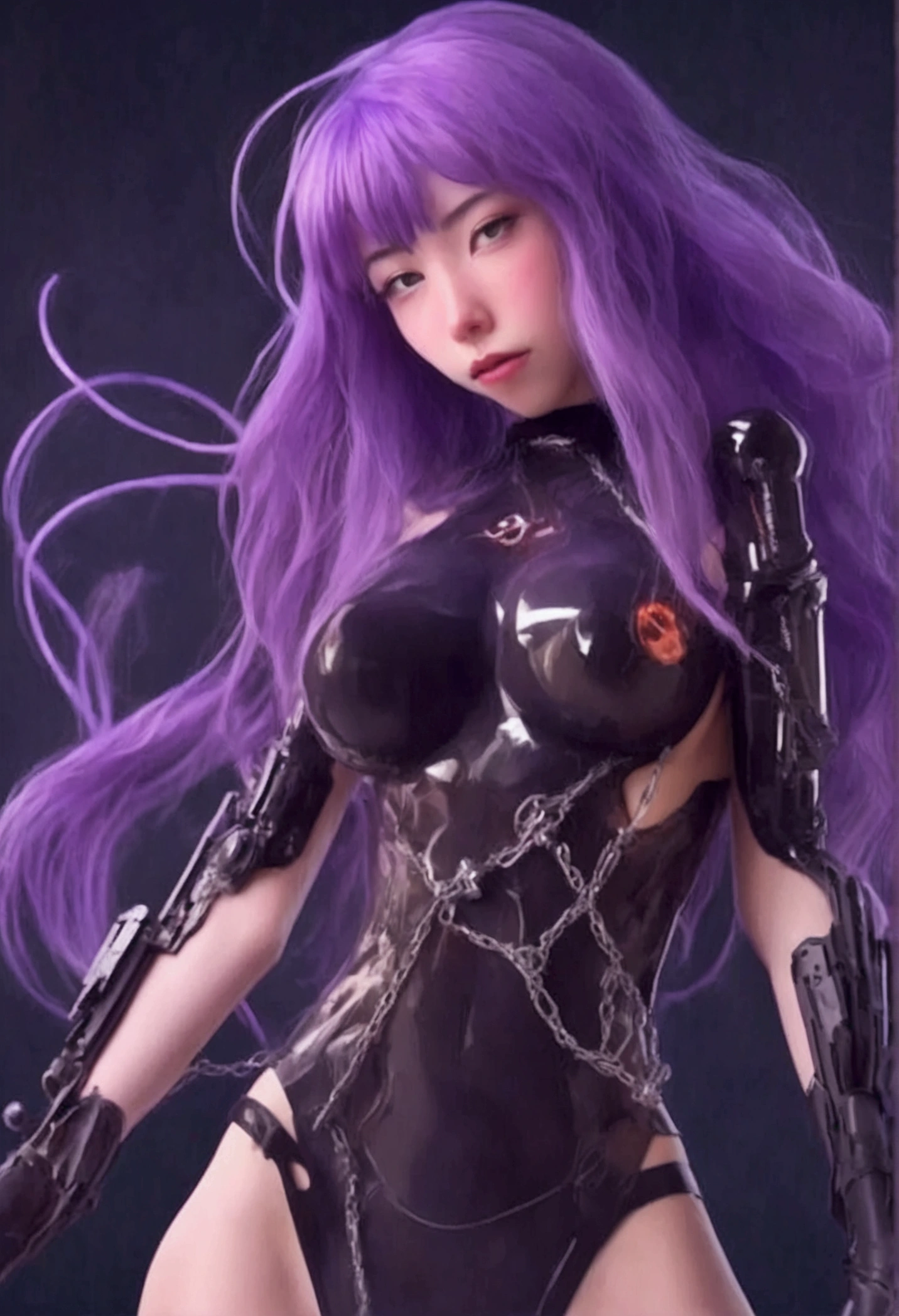 1 mechanical girl、((The details are extremely realistic.))、Portlet、world class illumination、shadow、Octane render、8K、extra sharp、Steampunk Cyborg Body、white porcelain body、hydraulic cylinder、Details of intricate jewelry、Details of Gothloli、Very complicated details、realistic light、CGSoation trend、purple eyes、sparkling eyes、Facing the camera、neon details、big 、You can see the separation.、mechanical limbs、Blood vessels that connect to the spine tubeechanical attached to the back、The mechanical cervix is attached to the neck.、sit on、Wires and cables connect to the head.、The background is a steampunk area.、