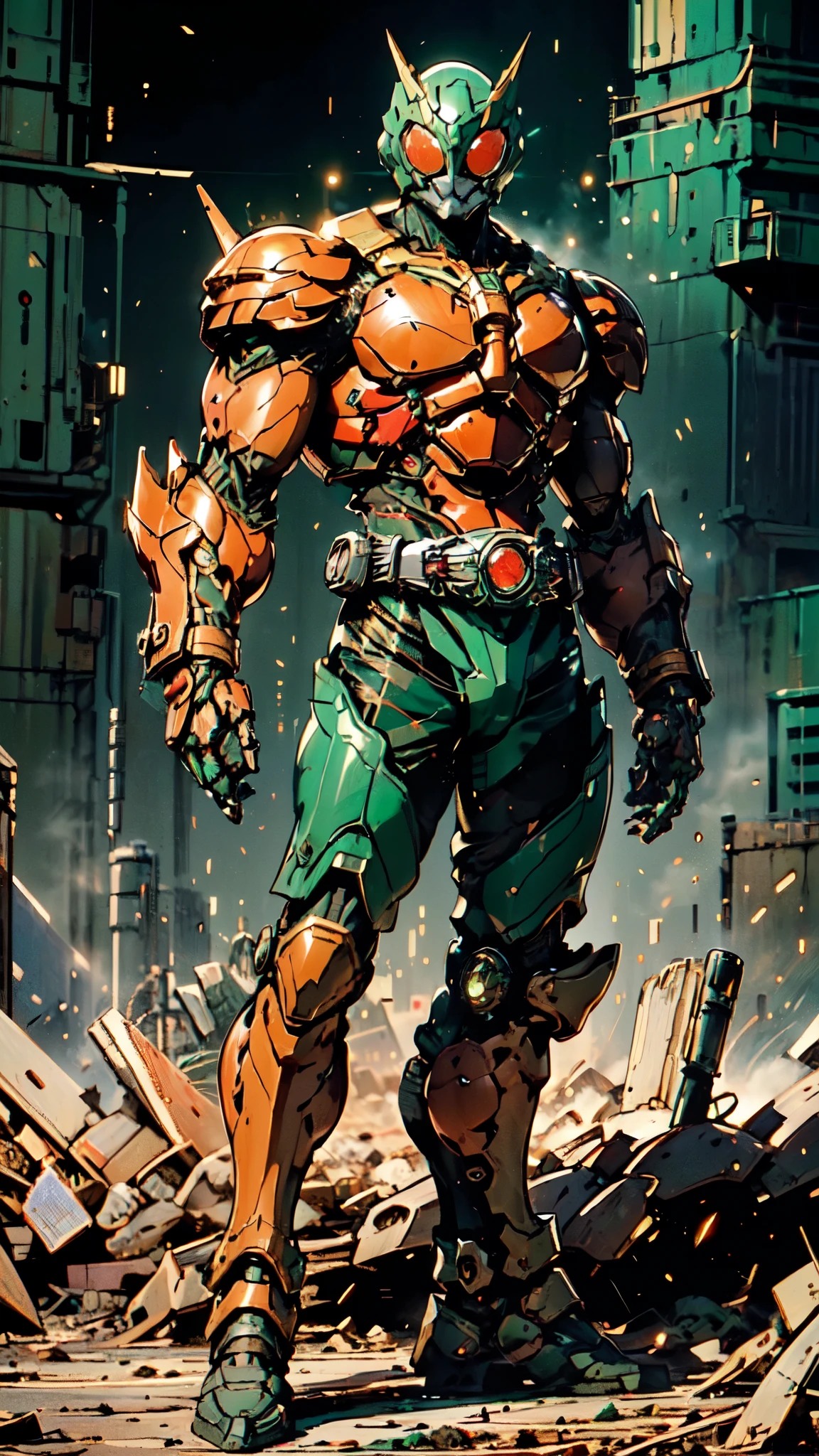 (masterpiece:1.5, best quality:1.5, extremely delicate:1.5), ((male:1.5)), a man wearing a full-face helmet, green eyes, fantasy-style high-tech biomimetic armored combat suit, (a composite layered chest armor), the design balances heavy with agility, fully enclosed shoulder guards, matching arm and leg guards, a belt of gemstone, (the color scheme is primarily Red with Green and Golden accents, Organic Biotech, Concept Inspired by Kamen Rider, glowing eyes, armor glows, stand of a futuristic sci-fi city), this character embodies a finely crafted fantasy-style armored hero in anime style, exquisite and mature art style, metallic, high definition, highres, ultra-detailed, ultra-fine painting, professional, perfect body proportions, golden ratio, anatomically correct, symmetrical face, extremely detailed eyes and face, high quality eyes, creativity, RAW photo, UHD, 32k, Natural light, cinematic lighting, masterpiece-anatomy-perfect