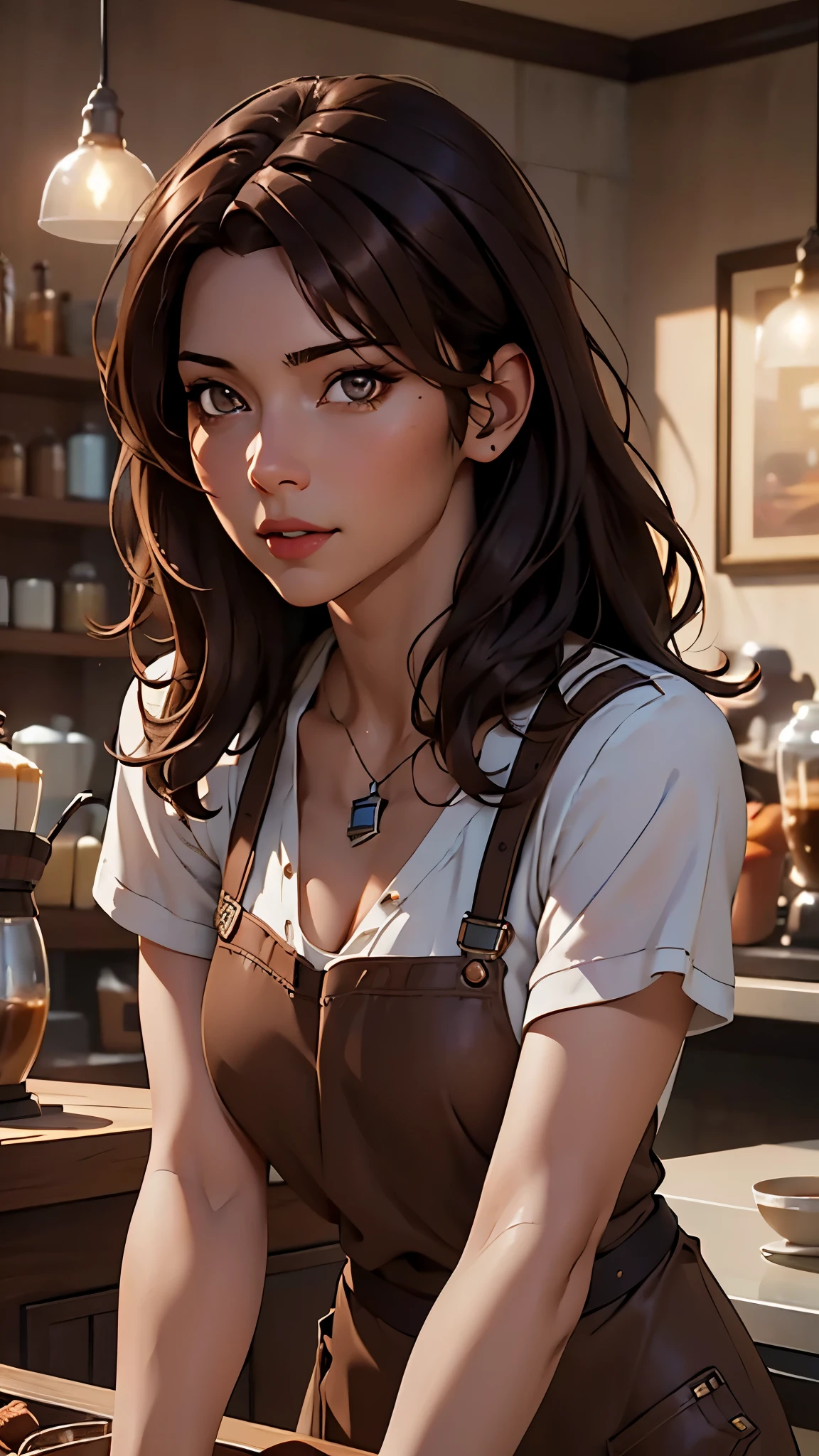 masterpiece,highest quality,Stylish western style cafe,female cafe clerk,(cafe clerk:1.3),(fine clothes),(carry a coffee pot),laughter,Bright atmosphere in the store, highest quality,8K,super high resolution,(Photoreal:1.3),RAW photo、(1 female), ((brown hair, casually hair:1.6)), glowing skin, cafe clerk, stylish, cute apron,((Ultra realistic details)),portrait,global illumination,octane rendering, 8K,super sharp,very intricate details,realistic light,Trends in CG society,beautiful eyes,shining eyes,towards the camera