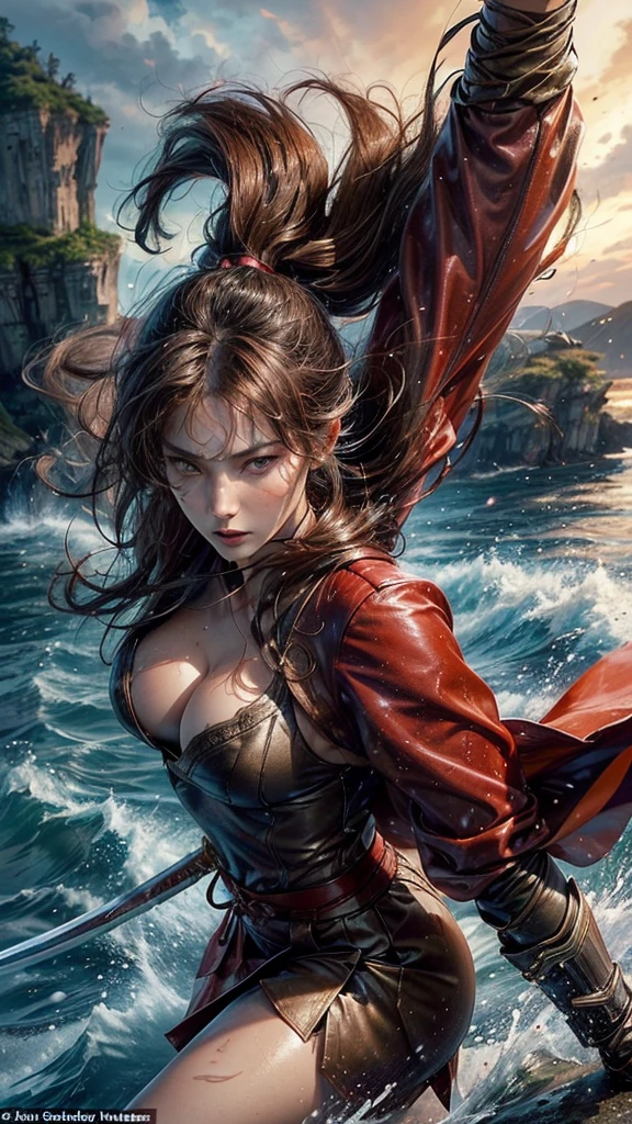 1 Female Warrior, Gisele Bündche, 
(((Brandishing a Japanese sword))), 
(Wearing a tight suit, a tight red skirt, a brown coat), 

(hair blowing in the wind), (cleavage), 

(Squall, splashes), 
wet hair, wet skin, 
(High cliffs on both sides), 
lightning, 

perfect face, detailed face, Murderous look, 
(Anatomically correct)