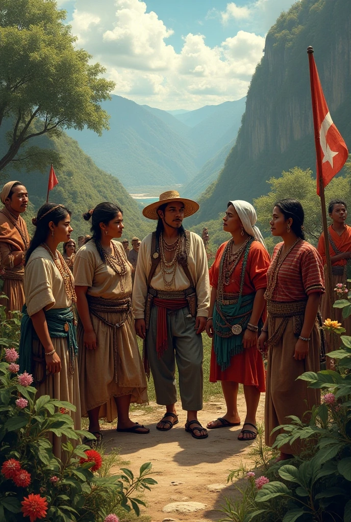 Scenario: A village or community, possibly rural, with simple houses and people gathered together.
 * people: Men, women and children wearing typical clothes, suggesting different cultures or social classes. There is a central figure holding a musical instrument or an agricultural tool..
 * colors: vibrant and contrasting, creating an impactful look.
 * styled: folk art, with striking features and elements of Brazilian culture.