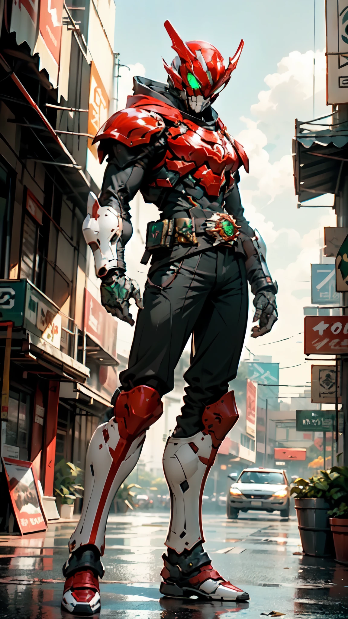 (masterpiece:1.5, best quality:1.5, extremely delicate:1.5), ((male:1.5)), a man wearing a full-face helmet, green eyes, fantasy-style high-tech biomimetic armored combat suit, (a composite layered chest armor), the design balances heavy with agility, fully enclosed shoulder guards, matching arm and leg guards, a belt of gemstone, (the color scheme is primarily Red with Black accents, Organic Biotech, Concept Inspired by Kamen Rider, glowing eyes, armor glows, stand of a futuristic sci-fi city), this character embodies a finely crafted fantasy-style armored hero in anime style, exquisite and mature art style, metallic, high definition, highres, ultra-detailed, ultra-fine painting, professional, perfect body proportions, golden ratio, anatomically correct, symmetrical face, extremely detailed eyes and face, high quality eyes, creativity, RAW photo, UHD, 32k, Natural light, cinematic lighting, masterpiece-anatomy-perfect