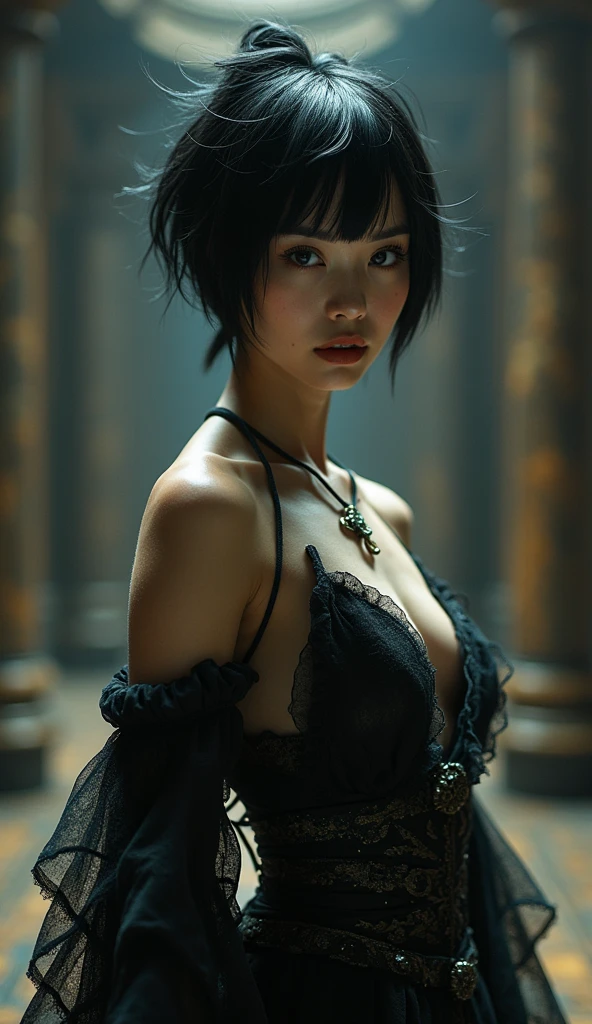 Fubuki, one punch man, anime, 2 woman, ((dark green dress)), ((black full-sleeve dress)), ((a white fur cuffs on shoulder)), slip, wearing silver choker necklace with a circular pendant, ((fubuki cosplay)), ((A very cute caucasian 2 woman cosplaying fubuki), ((blur background)), 1 girl, wide range photoshoot, wide range, (milf), ((long beautiful face)), (((pretty face))), clear face, realistic face, real face, absolute reality, ((hot body)), (), ((fubuki dress)), ((cosplay dress)), Big , ((no breasts)), coverd, ((Detailed skin: 1.9)), (((Realistic: 1.9))), ((well dressed)), waist curve pose, front side, (8k, RAW photo, top quality, masterpiece), (Realistic, photorealistic: 1.9), ((Full body shot)), stylish pose, ((Highly detailed skin: 1.2)), ((Realistic: 1.9)), Photos, masterpieces, top quality, (beautiful blue eyes, gorgeous pale grey black hair, white skin, thick body, lower abdomen bristles, perfect slim figure), various poses, ultra-detailed face, detailed eyes, a lot of people are looking at her with excitement, (((wide range photoshoot))), sun light, cinematic, ((photoshoot)), photography