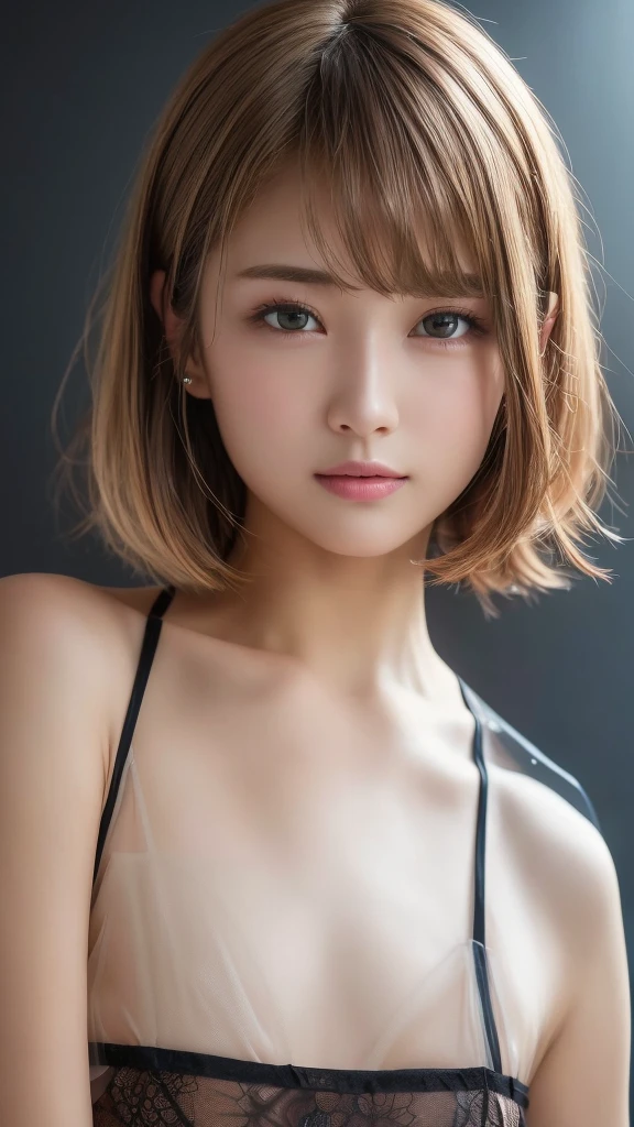 masterpiece, Best Quality, 8k、((High-quality photos))、((35-year-old woman:1.4))、( beautiful Japanese women :1.4))、( upper body:1.4), ((Sheer lingerie:1.4))、(( fully transparent micro lingerie:1.4))、(( blonde short bob cut))、((Small and flat chest:1.3))、 beautiful girls,  cute face,  staring at the audience ,Expressionless, surreal,  Hi-Res, photo shoot,  Hi-Res, chromatic aberration,  sharp concentration,  Hi-Res,  Face Light,  dynamic lighting,  Movie Lighting, Professional Shadow,  simple background, (natural color background :1.4),  most detailed,  very detailed, Super detailed, finely, real skin,   Delicate Features ,  Detailed Face and Eyes , Sharp pupils, Realistic woman