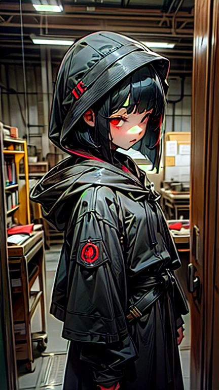 Best Quality、 detailed down to the smallest detail、Structurally correct、、 hooded girl、Black hair with a bob cut、Red eyes、Black clothes、Research Room