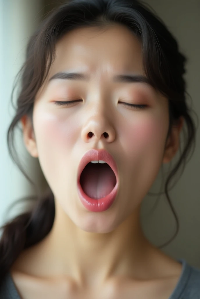 a close up of a woman with a surprised look on her face, reddit, gorgeous young korean woman, crying eyes closed!, huge juicy lips, dripping saliva, julia sarda, professional, noon, parody work, facial, irelia, handsome girl, sweating, with high cheekbones, soft facial features, yawning, painful