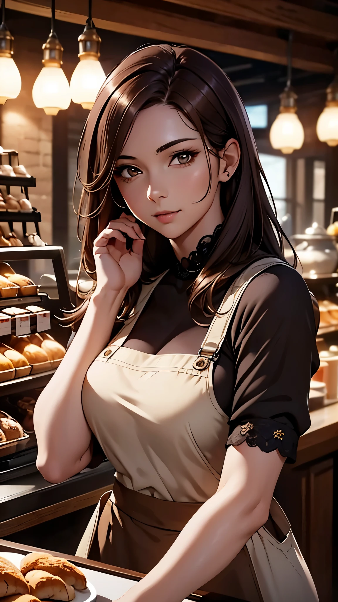 masterpiece,highest quality,Stylish western style cafe,female cafe clerk,(cafe clerk:1.3),(fine clothes),(carry a coffee pot),laughter,Bright atmosphere in the store, highest quality,8K,super high resolution,(Photoreal:1.3),RAW photo、(1 female), ((brown hair, casually hair:1.6)), glowing skin, cafe clerk, stylish, cute apron,((Ultra realistic details)),portrait,global illumination,octane rendering, 8K,super sharp,very intricate details,realistic light,Trends in CG society,beautiful eyes,shining eyes,towards the camera