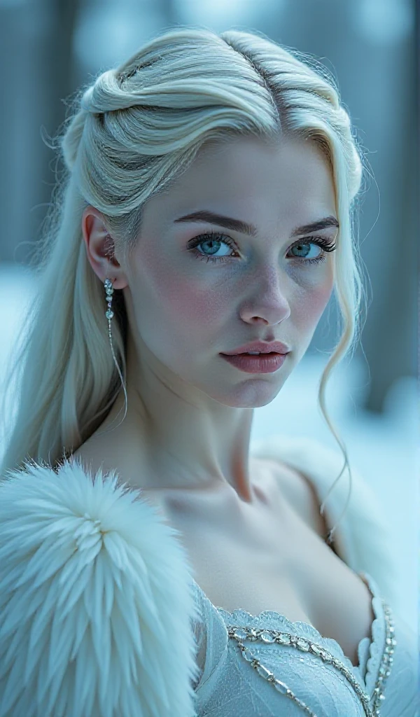 portrait photo of the majestic beautiful snow queen, at dawn, foggy, creepy scene, cinematic.

RAW photo, masterpiece, photorealistic, 8k, stunning eyes, skin detail, skin pores, blemishes