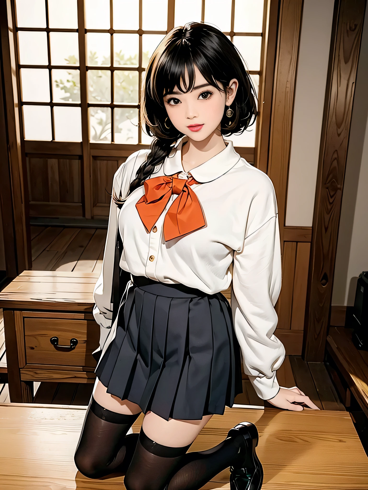16k, masterpiece, highest quality,((( ultra high resolution))), (((highest resolution))), very detailed, professional lighting, (anime style:1.1),(line art illustration:0.6),(flat color illustration:0.8),orange light lighting、Backlight、Detailed CG、Low angle from the front、full body shot,(detailed face:1.2)、(highlight:1.2)、(beautiful black hair)、(three-dimensional lips、plump lips) 、(oval face : 1.4)、(thin fingered arms、detailed human hand)、(table top, highest quality:1.2), wooden warehouse、Scenery with Japanese wooden houses、ancient folk house、pine tree、plant、beautiful japanese garden、beautiful red sunset、signature pose、A girl who blends into the scenery, white skin、very cute, thin hair、dark gray eyes)、Breasts are medium in D cup size、(Medium 80's style hair,Curly Hair)、(sailor school uniform:1.4,micro mini skirt)、thin and long legs、(JK black skirt 、pleated skirt、Hip line emphasis、black socks、black stockings,Shoes are loafers) 、(round face: 1.4)、shy smile、black knee high socks