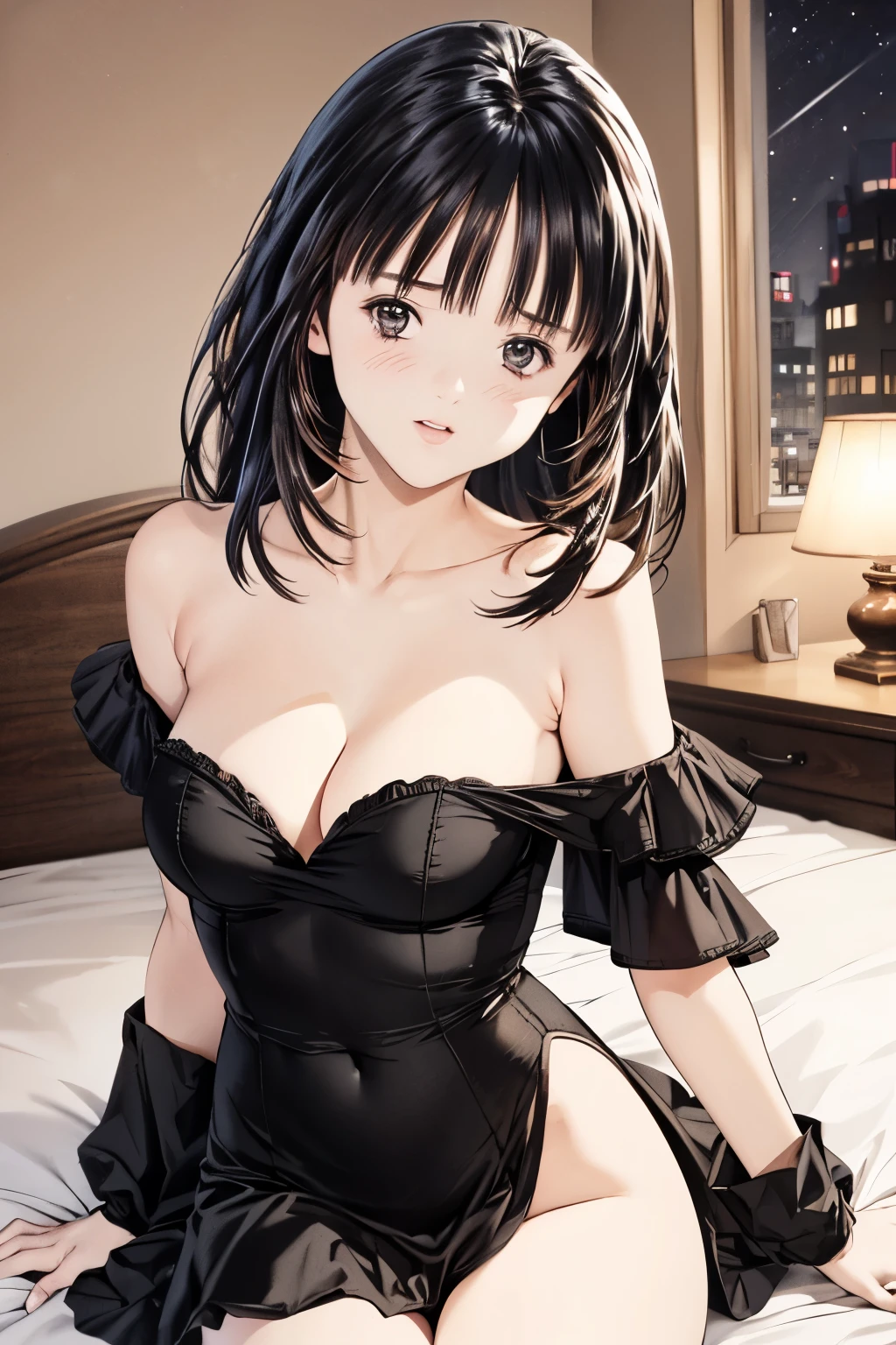 (8k、top-quality、​masterpiece:1.2)、(Realistic、 ultra-detailed、 super A high resolution 、 1 girl and 1 boy are kissing,  beautiful and elaborate face that sparkles in the eyes ,( Grab),At night , layered hair,  long black hair , Full Face Blush 、narrow、( Slim Waist ) :1.3)、 clevis、Beautiful delicate skin、 skin texture、Floating Hair、Professional Lighting、In my bedroom,( Human body:1.0),Long Hit,hourglass line dress , off shoulder,Wink, dress color is random ,nsfw,