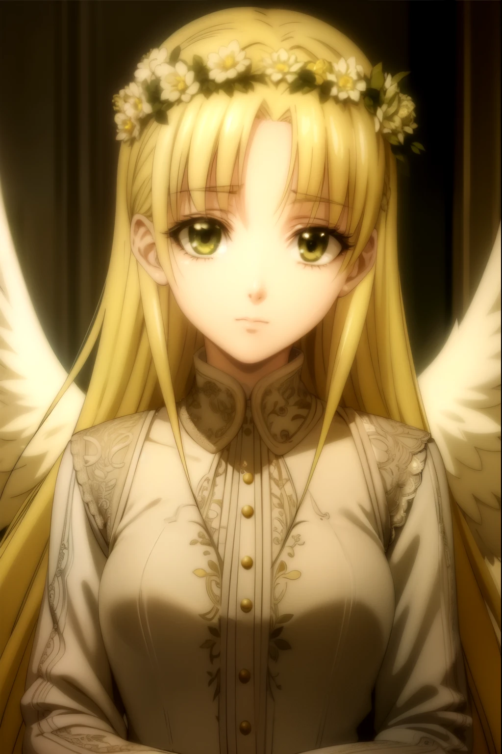 A beautiful young girl with yellow hair and angelic wings, highly detailed anime style illustration, 1girl, detailed facial features, long eyelashes, flower crown, elegant pose, cinematic lighting, vibrant colors, digital painting, masterpiece, photorealistic, 8k, best quality