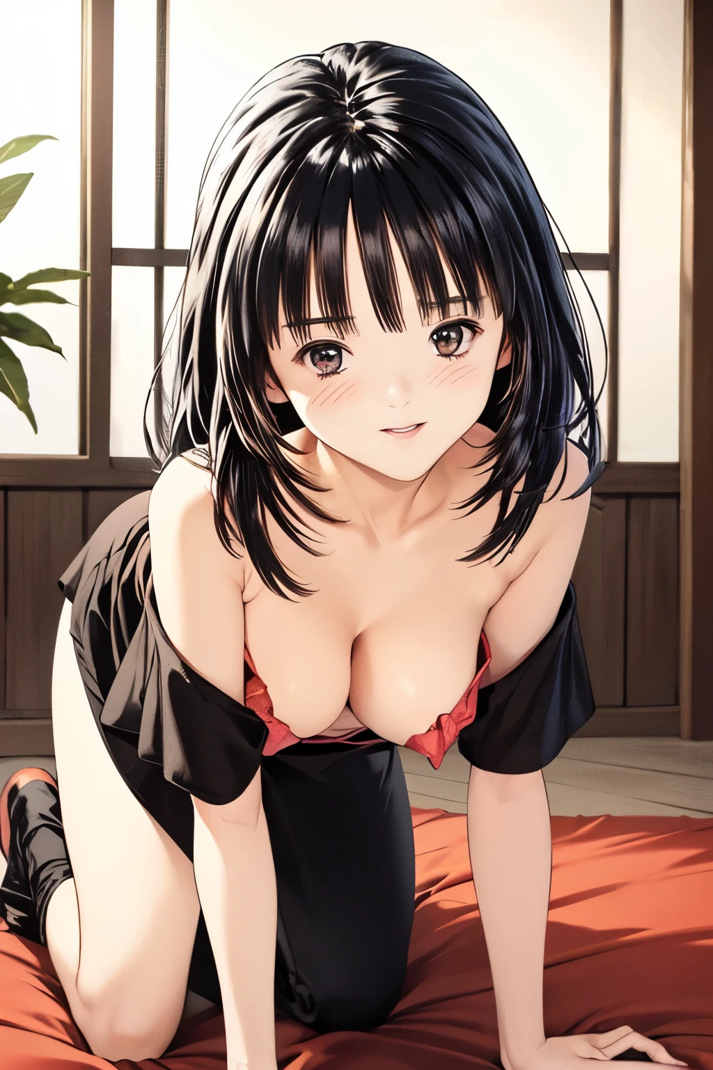 (8k、top-quality、​masterpiece:1.2)、(Realistic、 ultra-detailed、 super A high resolution 、 is on all fours、 big breasts at the temple,  beautiful and elaborate face that sparkles in the eyes ,( Grab),At night , layered hair,  long black hair , Full Face Blush 、narrow、( Slim Waist ) :1.3)、 clevis、Beautiful delicate skin、 skin texture、Floating Hair、Professional Lighting、In my bedroom,( Human body:1.0),Long Hit,hourglass line dress , off shoulder,Wink,The color of the dress is black,nsfw,Smile suspiciously、 tit zuri 、Show your chest、Soft Breasts、((bare breasts ,show off nipple ))、