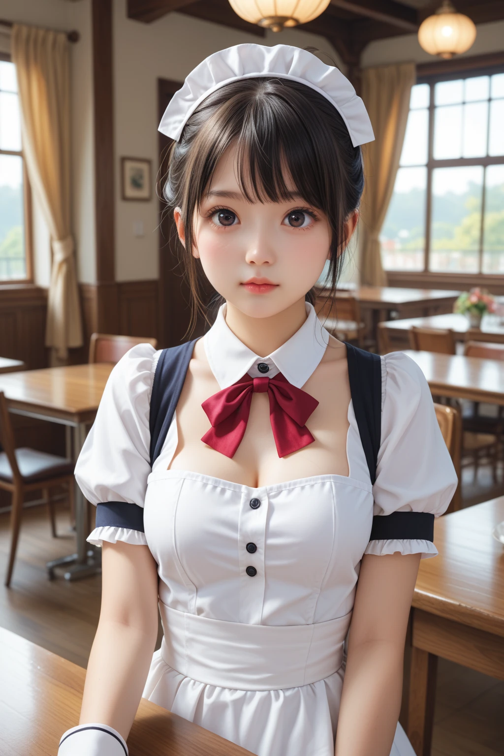 score_9,score_8_up,score_7_up,BREAK, rating_safe,source_real,one girl,tiny,round face,round chin,detailed face,idol eyes,big eyes,black eyes,waitress uniform,beautiful iris,small nose,small mouth,no make up,looking at viewer,medium breasts,cowboy shot,indoors