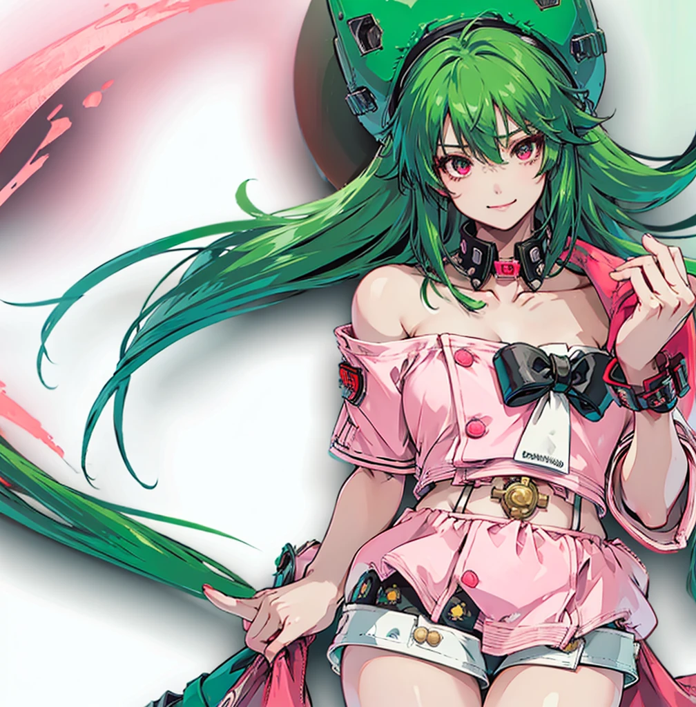 Human feMale, green hair, wearing red shirt, pink shorts, grins, ((wearing big spiked Collar )), red pupils, Guilty Gear 