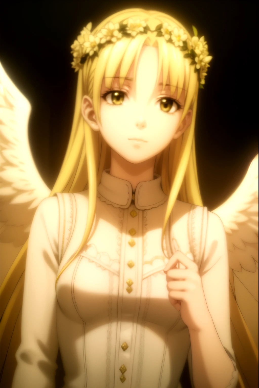 A beautiful young girl with yellow hair and angelic wings, highly detailed anime style illustration, 1girl, detailed facial features, long eyelashes, flower crown, elegant pose, cinematic lighting, vibrant colors, digital painting, masterpiece, photorealistic, 8k, best quality