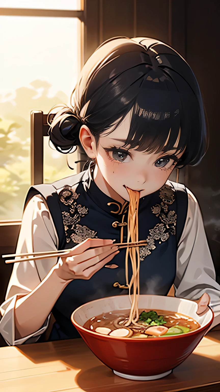 A beautiful Japanese woman eating ramen, cute hair accessories, highly detailed facial features, intricate hairstyle, detailed clothing, steam rising from the ramen bowl, natural lighting, photorealistic, 8k, masterpiece, small freckles, mole under left eye, deftly using chopsticks to slurp noodles from the bowl, wearing a cute cheongsam dress, the tip of the noodles she rapidly sucks up curling, joyful and lively expression while enjoying the meal