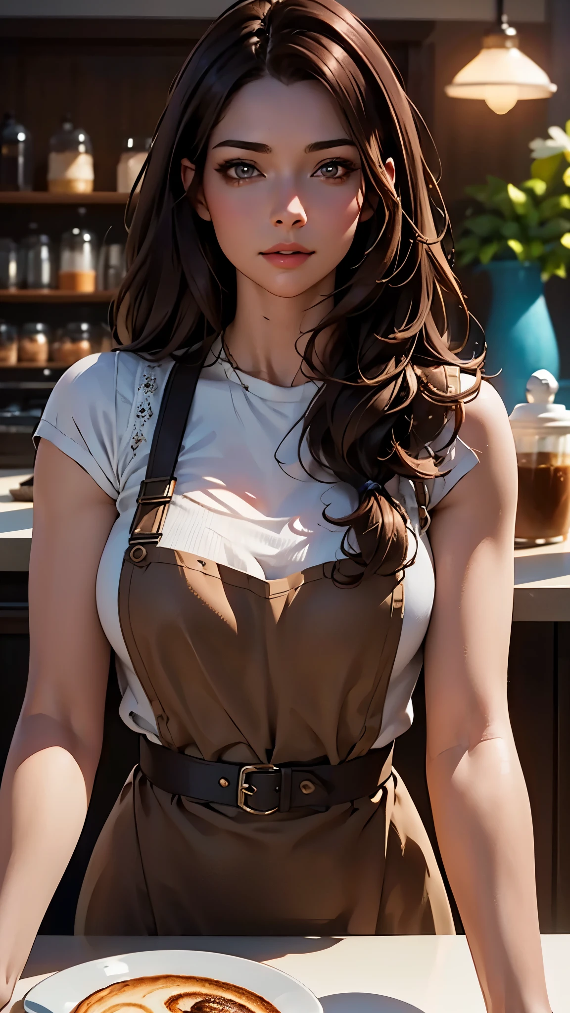masterpiece,highest quality,Stylish western style cafe,female cafe clerk,(cafe clerk:1.3),(fine clothes),(carry a coffee pot),laughter,Bright atmosphere in the store, highest quality,8K,super high resolution,(Photoreal:1.3),RAW photo、(1 female), ((brown hair, casually hair:1.6)), glowing skin, cafe clerk, stylish, cute apron,((Ultra realistic details)),portrait,global illumination,octane rendering, 8K,super sharp,very intricate details,realistic light,Trends in CG society,beautiful eyes,shining eyes,towards the camera