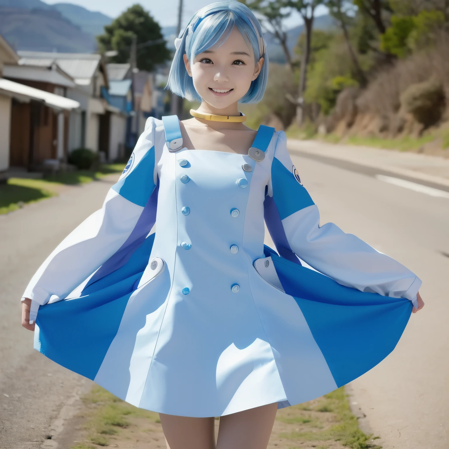 (  Ultra High Definition )、eureka、  girl、 Purple Eyes、  Extremely short light blue hair  、  choker 、  hair clip that invites hands  、  white and blue dress  、  Long Sleeve  、  white knee-high boots  、 blue dress with blue boots  、  miniskirt 、 Beautiful Japanese woman with a baby face  、Under the Sun 、 skirt fluttering lift in strong winds can be seen white shorts、 Ergonomically unmistakable body 、 looking at me with a smile 、