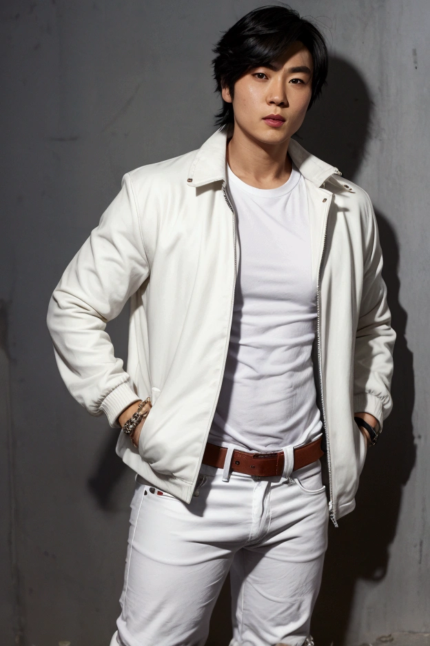 (saeba ryo city hunter ) ,Wearing white pants with big bulge,hand in pocket,white jacket,black shirts,big bulge with penis,exposed penis