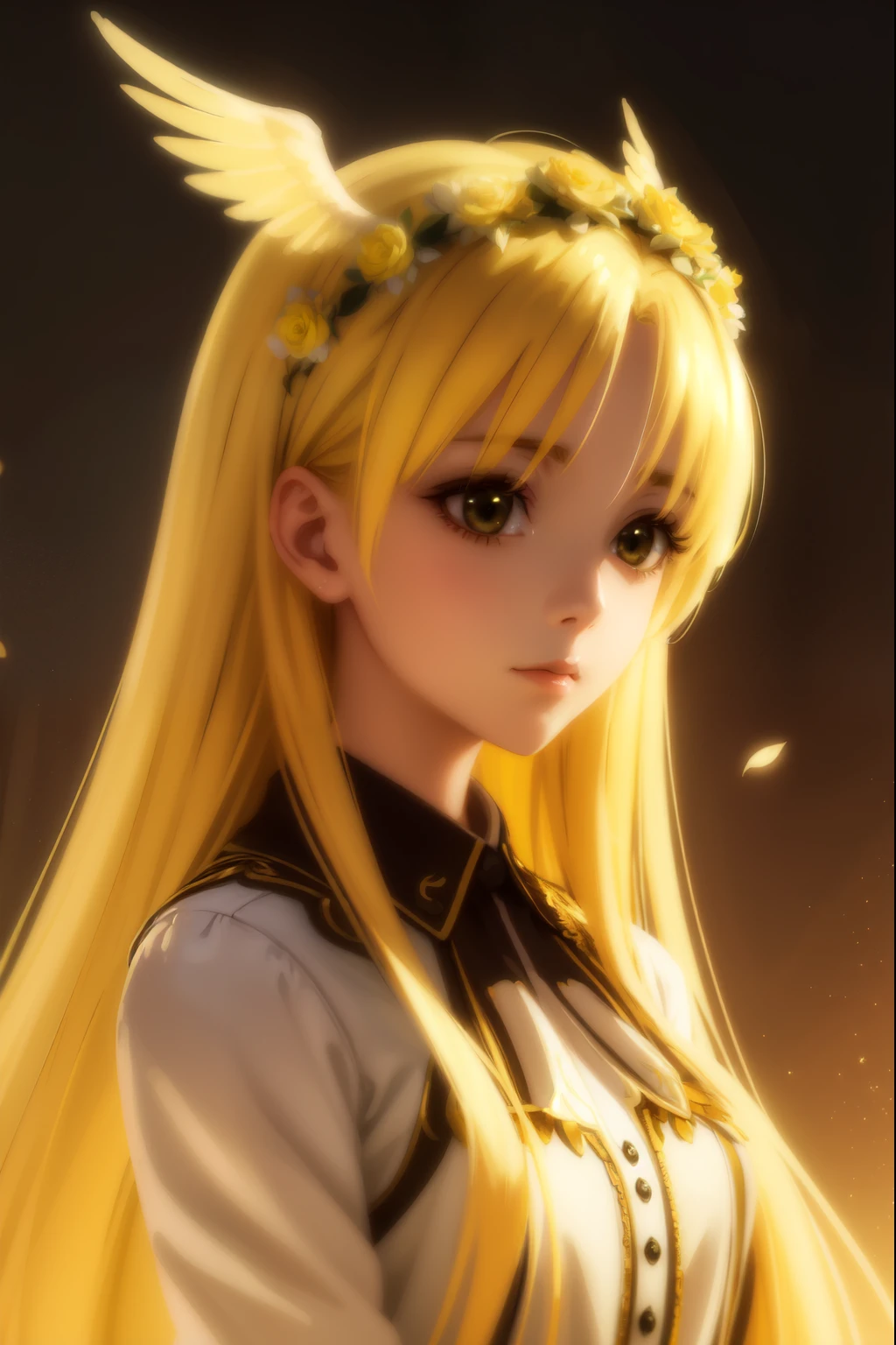 A beautiful young girl with yellow hair and angelic wings, highly detailed anime style illustration, 1girl, detailed facial features, long eyelashes, flower crown, elegant pose, cinematic lighting, vibrant colors, digital painting, masterpiece, photorealistic, 8k, best quality