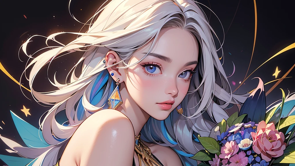 16k high quality wallpapers,Surrealist broken glass photo(Detailed eyes,Long eyelashes,Bright and colorful iris,Expressive eyebrows,Blend eyeshadow perfectly,Eyes sparkle,Reflective eyeballs,Heterochromia),(Silver-blue long-haired girl , A lot of hair 1。3 Delicate hair 1。2),(Long transparent dress,floral patterns:1.4,),(Gorgeous and delicate glowing little butterfly hair ornament,brilliant colorful,Fine engraving,Shine brightly,The attention to detail,The jewelry is of high quality,Extremely high image quality)White Skin Skin,Seductive smile emoji,Close-up shot