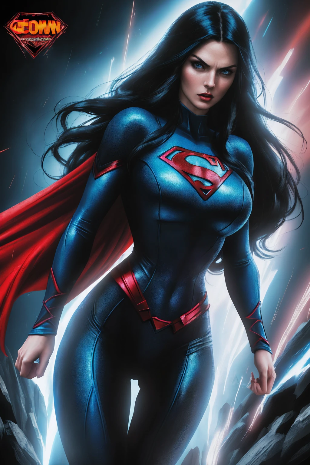 A woman with long black hair and blue eyes, wearing a red and blue superhero costume, powerful superhero pose, dynamic action scene, (best quality,4k,8k,highres,masterpiece:1.2),ultra-detailed,(comics,photocomic,photo-comic:1.37),cinematic lighting,dramatic atmosphere,vivid colors,epic fantasy,