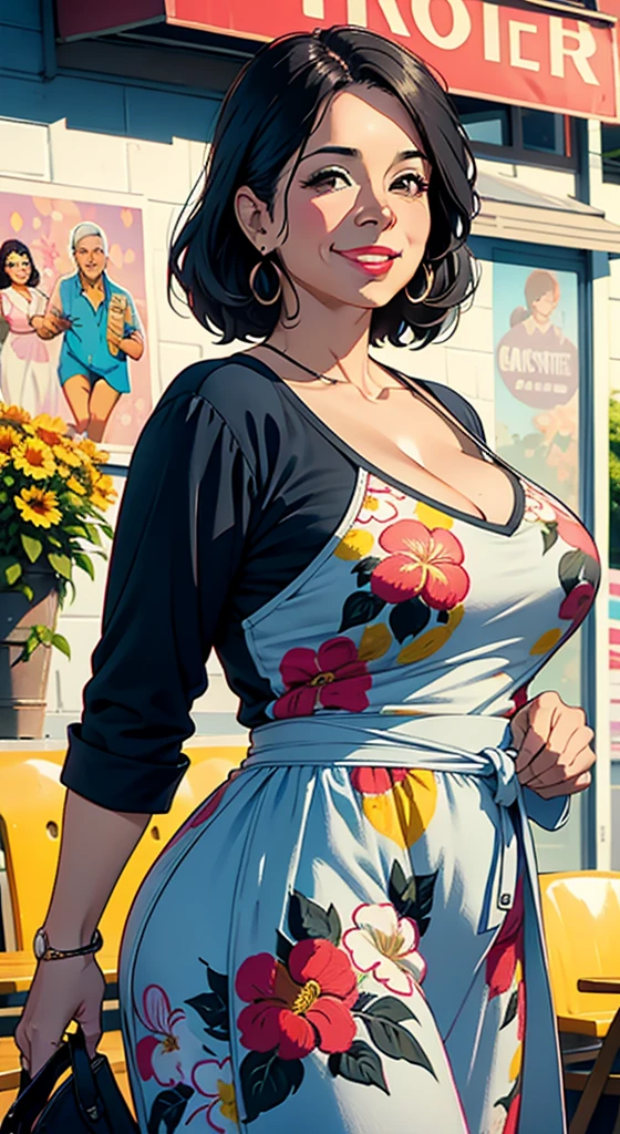 Classic 60’s pinup girl, stunning face, smiling, half body shot, polka dot dress, cleavage, J Scott Campbell style, 8k, ultra sharp, sleeveless, bare legs, huge breasts