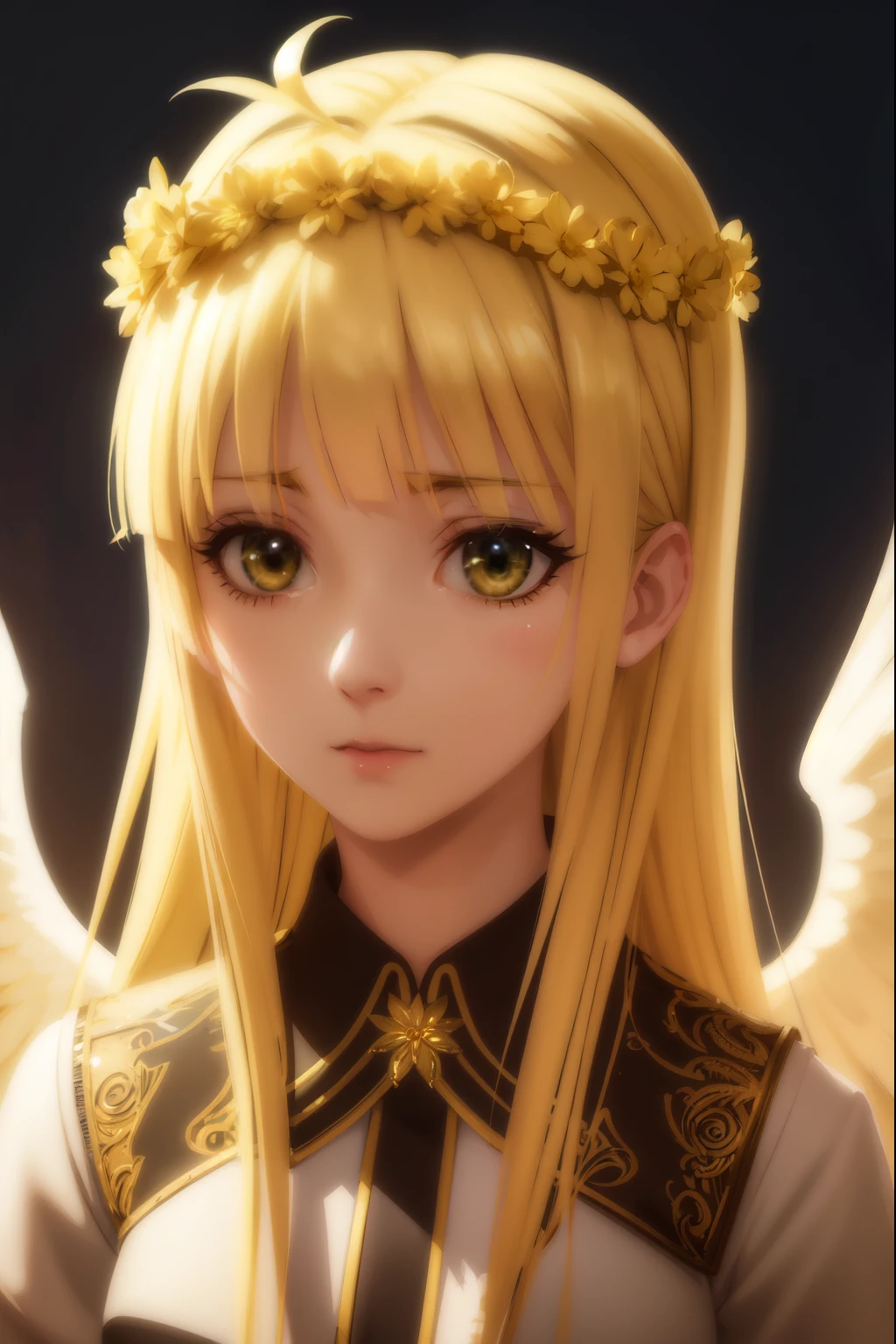 A beautiful young girl with yellow hair and angelic wings, highly detailed anime style illustration, 1girl, detailed facial features, long eyelashes, flower crown, elegant pose, cinematic lighting, vibrant colors, digital painting, masterpiece, photorealistic, 8k, best quality