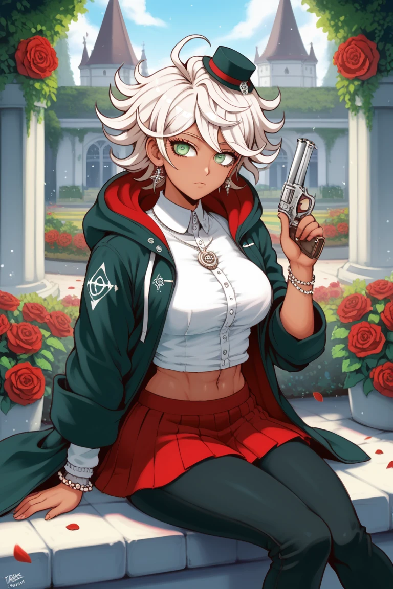  Beautiful blonde woman with a toned body ,  big breasts shirt,  big butt , Caucasian tanned skin ,  white eyes with a slight bluish touch ,  Long, wavy blond hair , absurdres, highres, ultra detailed, HDR, master piece, Komaeda Nagito, white hair, expressive gray-green eyes, black long coat with hoodie, white shirt, sexy man sitting, best quality, Danganronpa 2, solo, fantasy, magical, sensual, glittering, accessories, garden, red roses, handsome, adult face, mansion, petals, black pants, holding a revolver, tattoo, clock  Short white sleeveless blouse with bare navel,  short red skirt leaving her navel exposed , pantimedias negras, a small hat ,  pendant earrings and diamond bracelets 