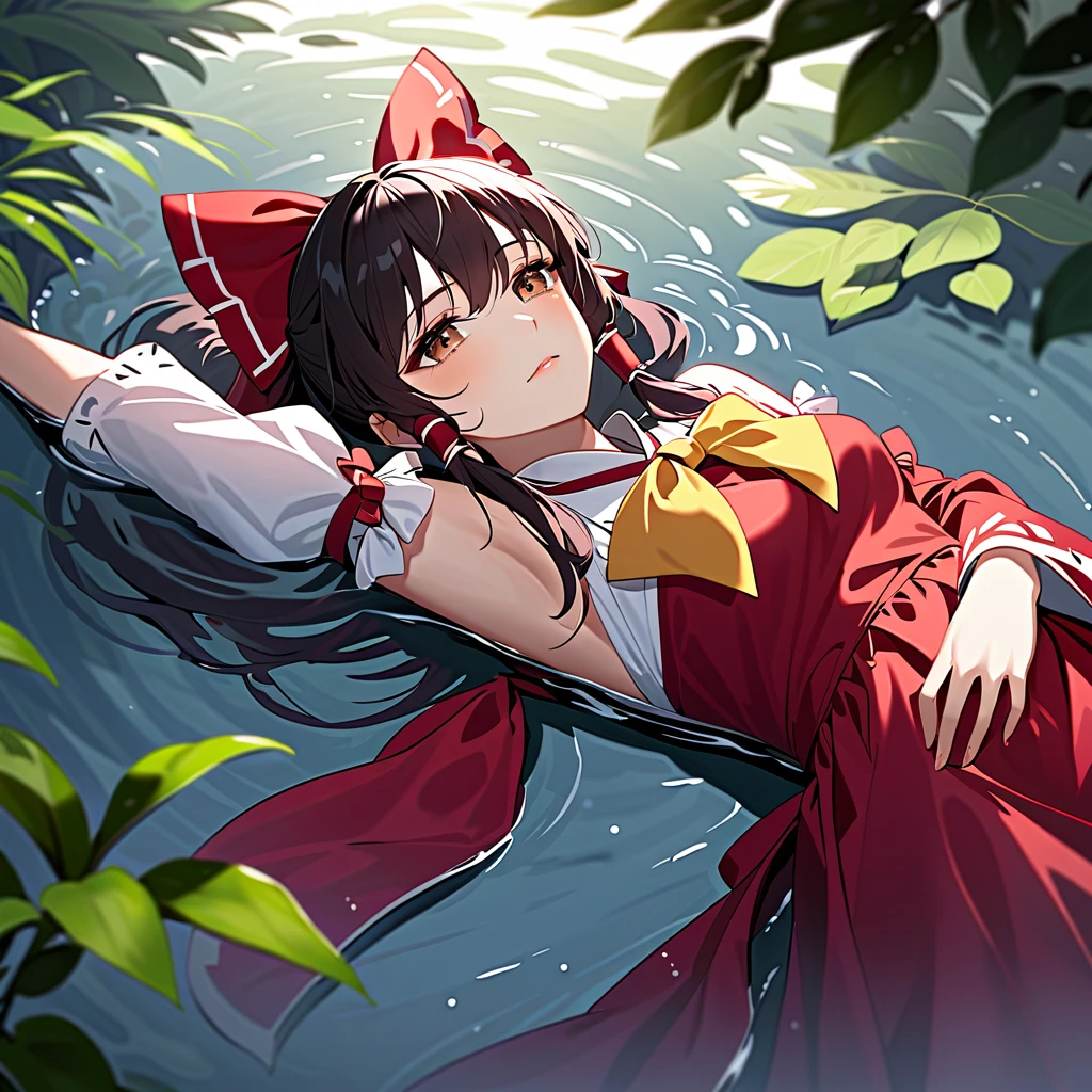 1girl, Hakurei reimu, hair bow, yellow ascot, hair tubes, miko, detached sleeves, brown eyes, looking away, looking up, half-closed eyes, shallow water, lying back, wet, rain, raise one arm, bend elbow, crepuscular rays, darkness, dappled sunlight, faint light, full body, from above, sparkle, star \(symbol\), 