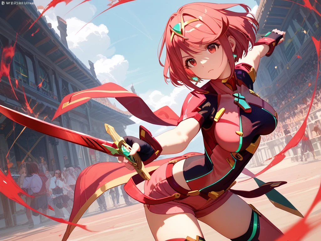 masterpiece, maximum quality, 4k, detailed, pyra attack pose, fighting, ((holding two-handed red sword))