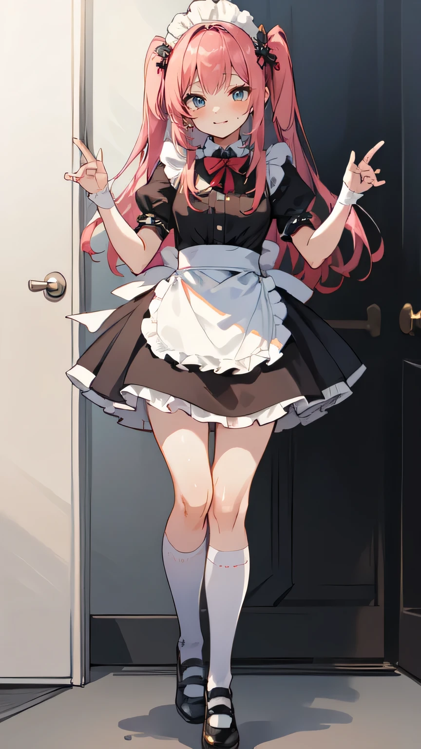 Best Quality, anime style masterpiece showing moles , one girl playing pranks, apron, bow, cube hair accessory, dress, frills, dark ( performance ), hair accessory, heart, heart hands, Long Hair, Look Away , Maid, Maid apron, Maid head dress, Mary Jane, I saw only one side up., Pink Hair, Shadow Face, shoes, short dress, Alone, Sweat dripping, knee-high socks , white knee-high socks , Absolute Territory ,
