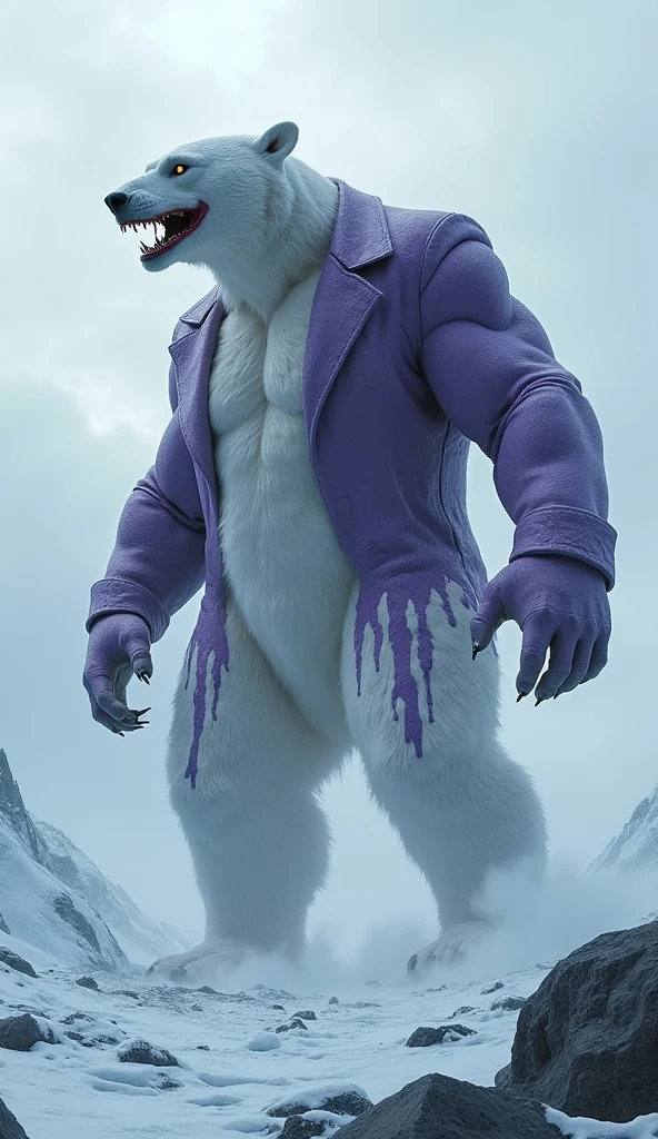 An adult muscular male Fox fursuit alone in the United States a snowy background wearing a long blue coat looking at the viewer purple fur and green eyes full body view nude