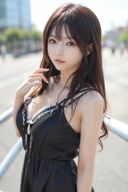 Japanese model in a black dress posing in front of the city, anime girl cosplay, anime cosplay, Gorgeous cosplay,  gothic pretty girl anime girl , elegant glamourous cosplay,  beautiful anime style ;glamourous cosplay, Professional Cosplay,  looking at camera、Detailed and beautiful eyes、Cute smile、 soft and gentle expression 