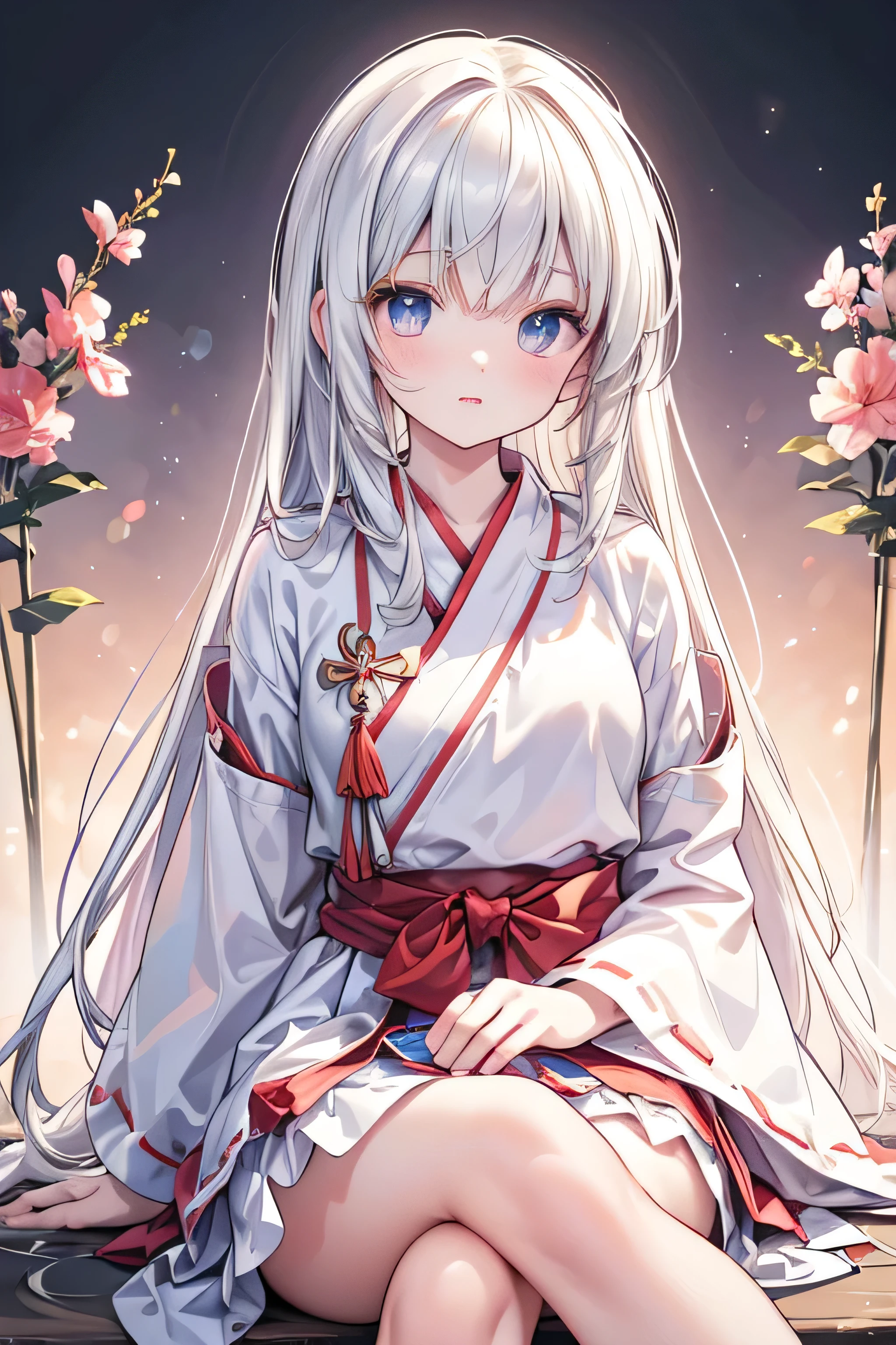 a , in Miko outfit, sitting cross-legged in a vast meadow, beautiful detailed eyes, beautiful detailed lips, extremely detailed eyes and face, long eyelashes, 8k, ultra-detailed, (best quality,4k,8k,highres,masterpiece:1.2),ultra-detailed,(realistic,photorealistic,photo-realistic:1.37),HDR, UHD, studio lighting, ultra-fine painting, sharp focus, physically-based rendering, extreme detail description, professional, vivid colors, bokeh, anime, fantasy, soft light, natural lighting, calming atmosphere